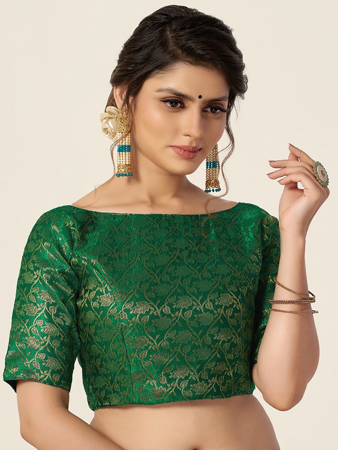 HIMRISE Women Green Woven Design Boat Neck Saree Blouse Price in India