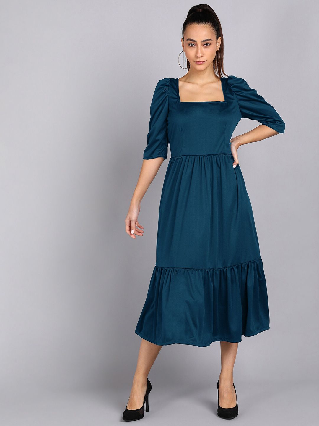 shashvi Blue Tiered Puff Sleeves A Line Midi Dress Price in India