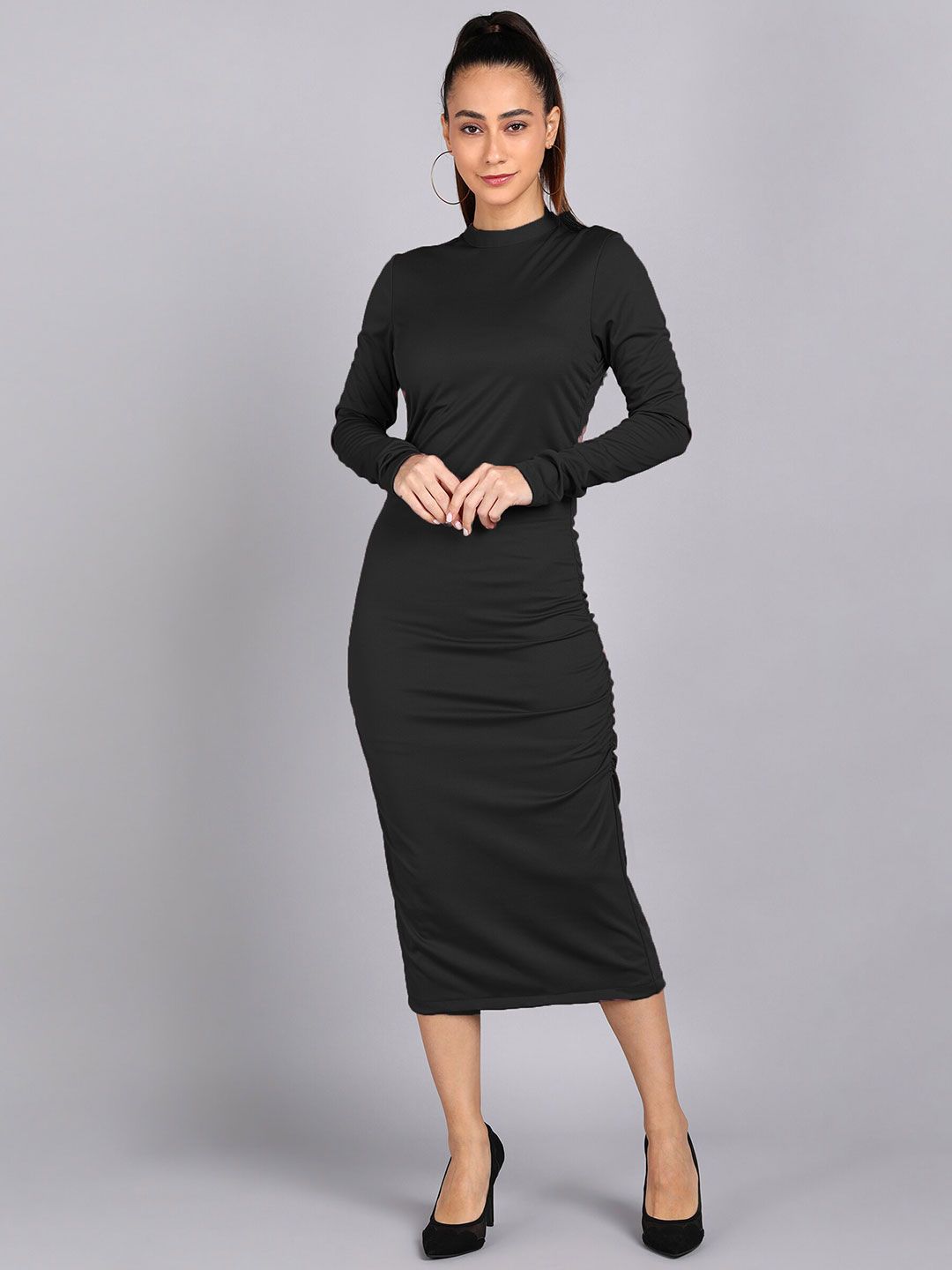 shashvi Women Black Solid Sheath Midi Dress Price in India