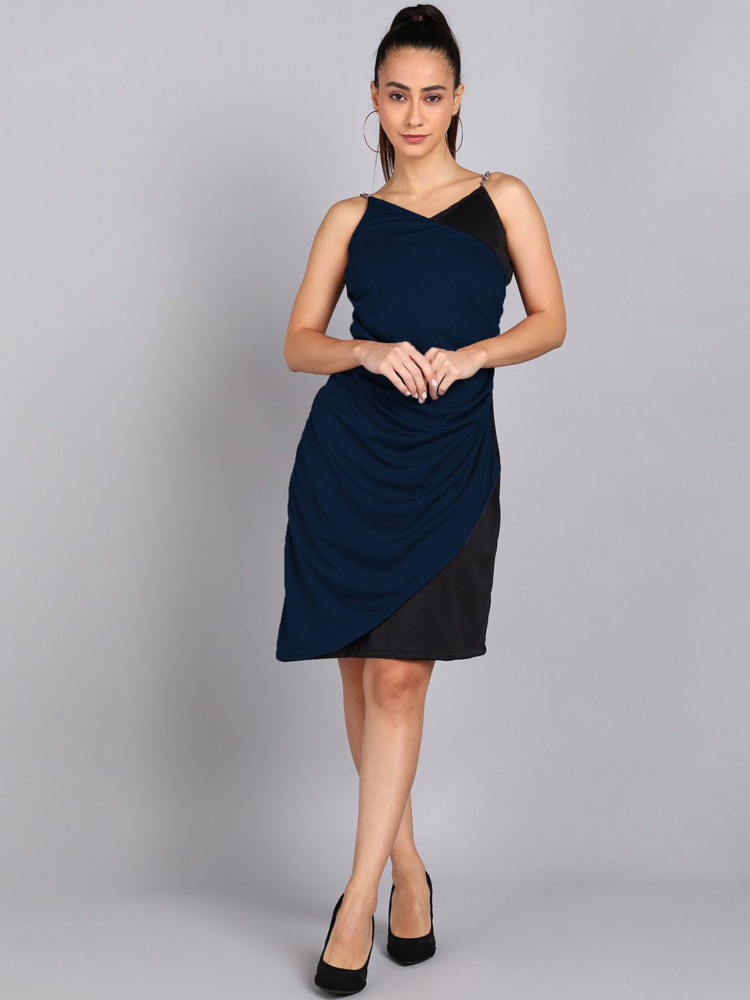 shashvi Navy Blue & Black Colourblocked Sheath Dress Price in India