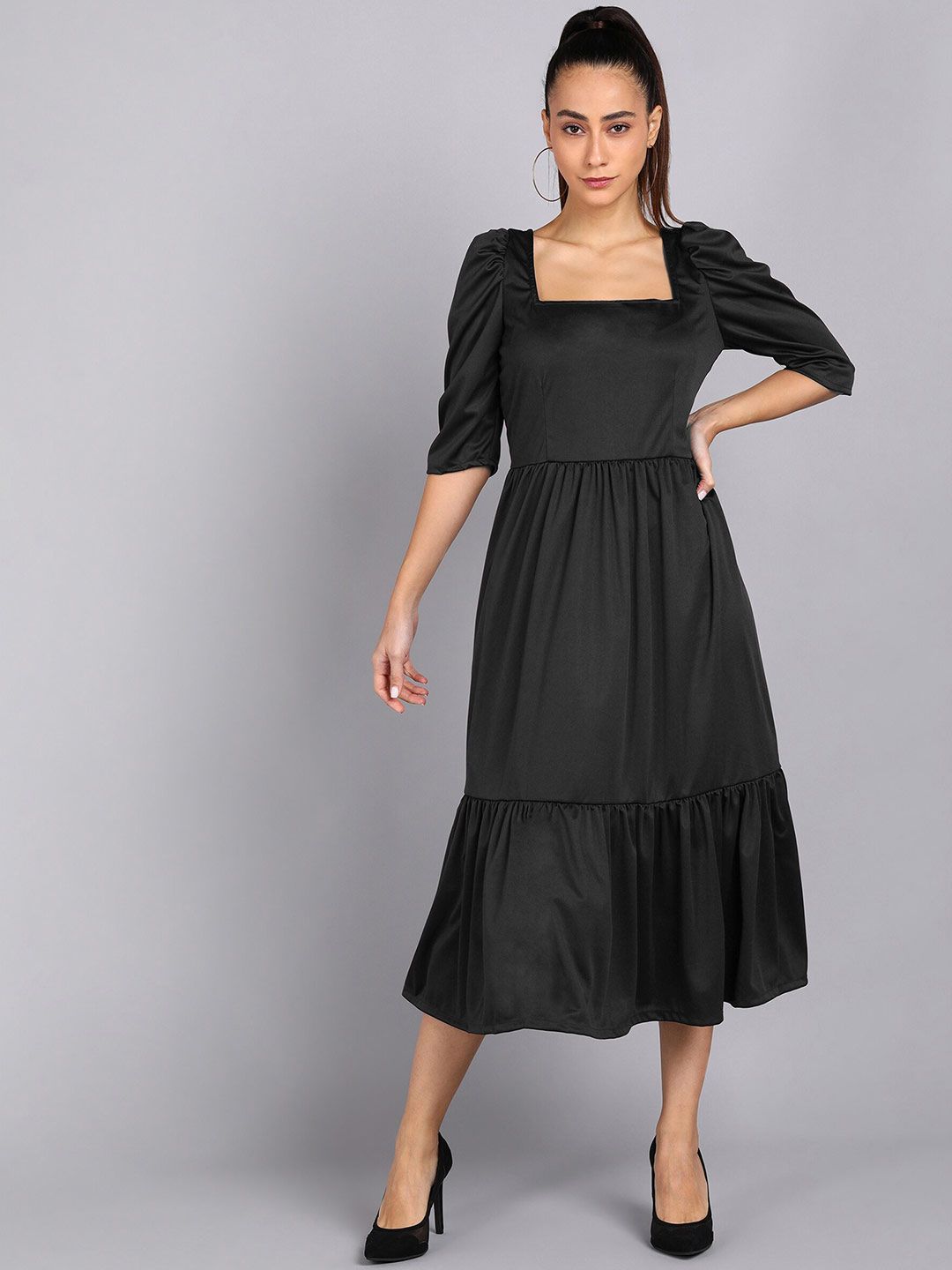 shashvi Women Black A-Line Midi Dress Price in India