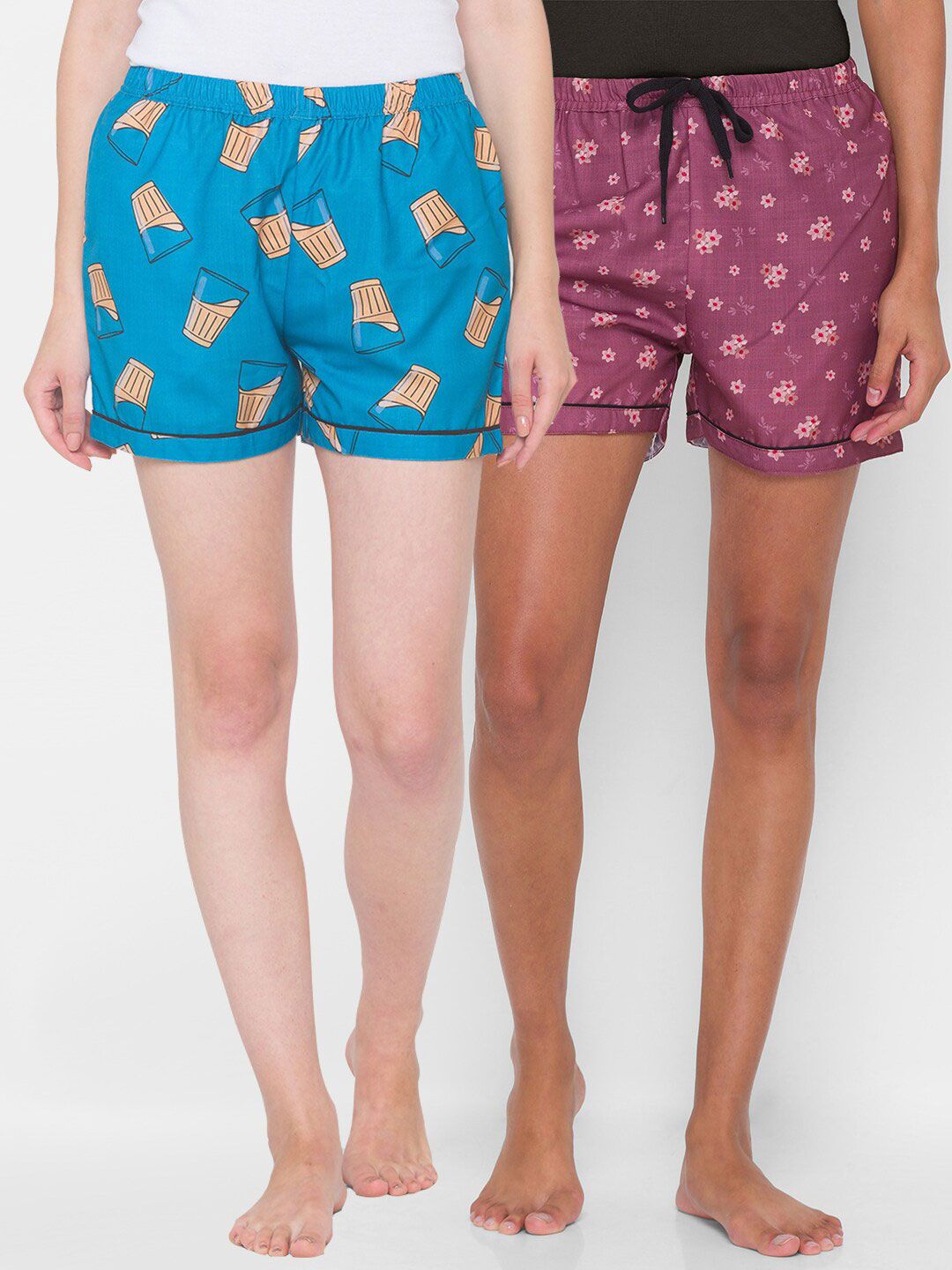 FashionRack Women Pack Of 2 Blue & Purple Printed Lounge Shorts Price in India