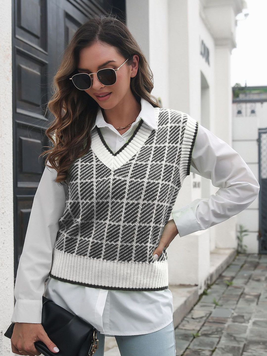 BoStreet Women Black & White Checked Sweater Price in India