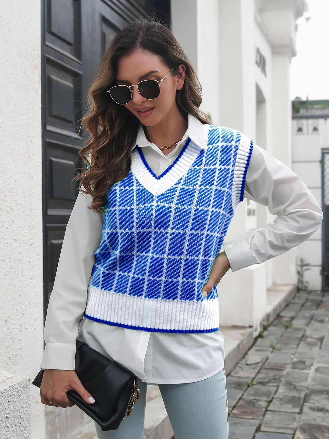BoStreet Women Blue & White Checked Sweater Price in India