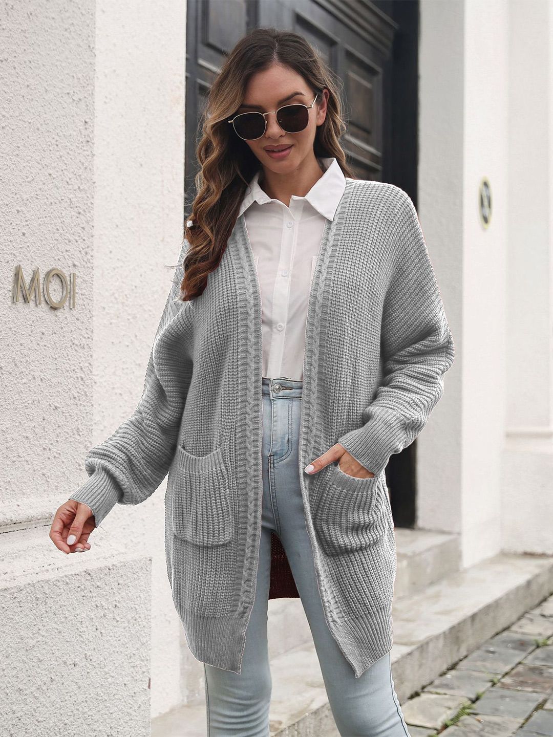 BoStreet Women Grey Longline Solid Long Sleeves Sweater Price in India