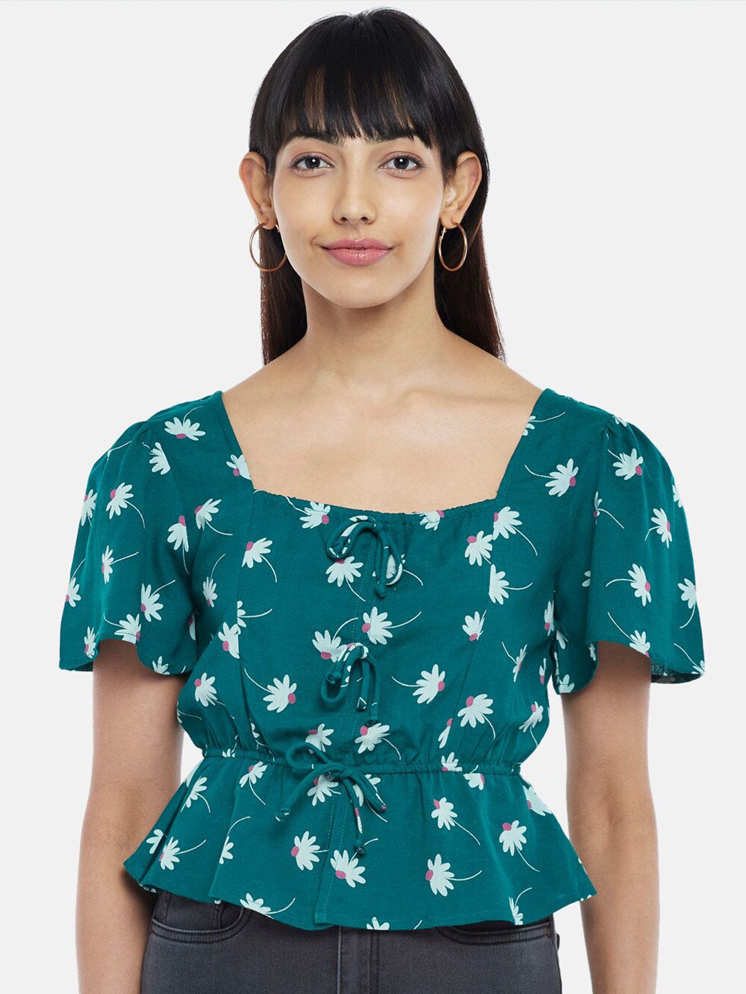 People Teal Floral Print Cinched Waist Top Price in India
