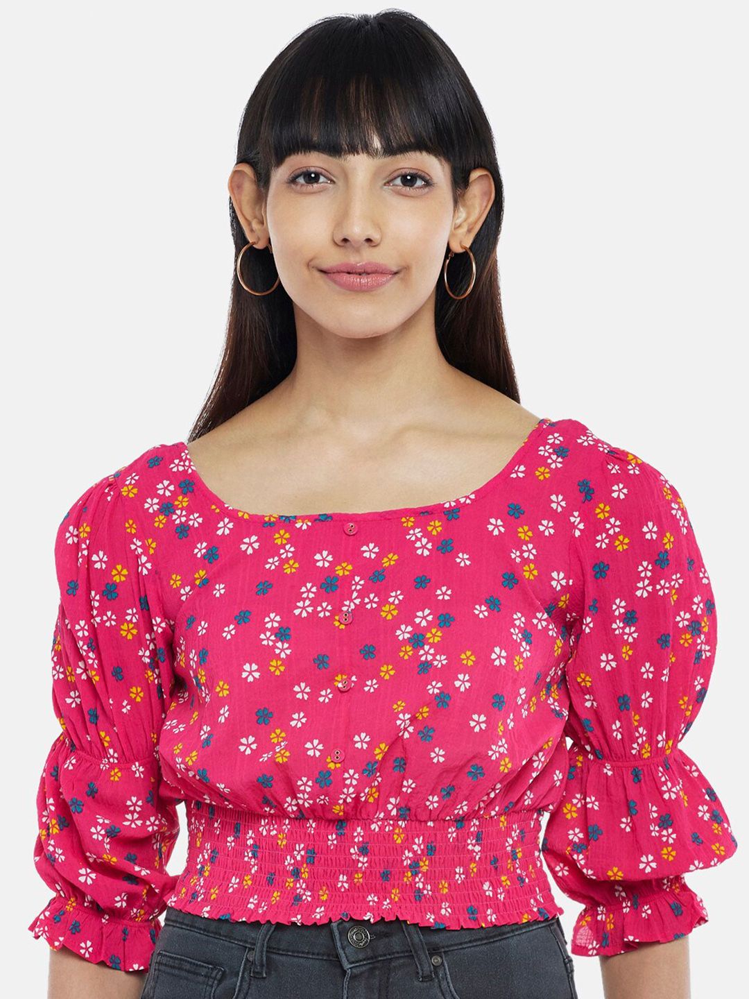 People Pink Floral Print Blouson Top Price in India