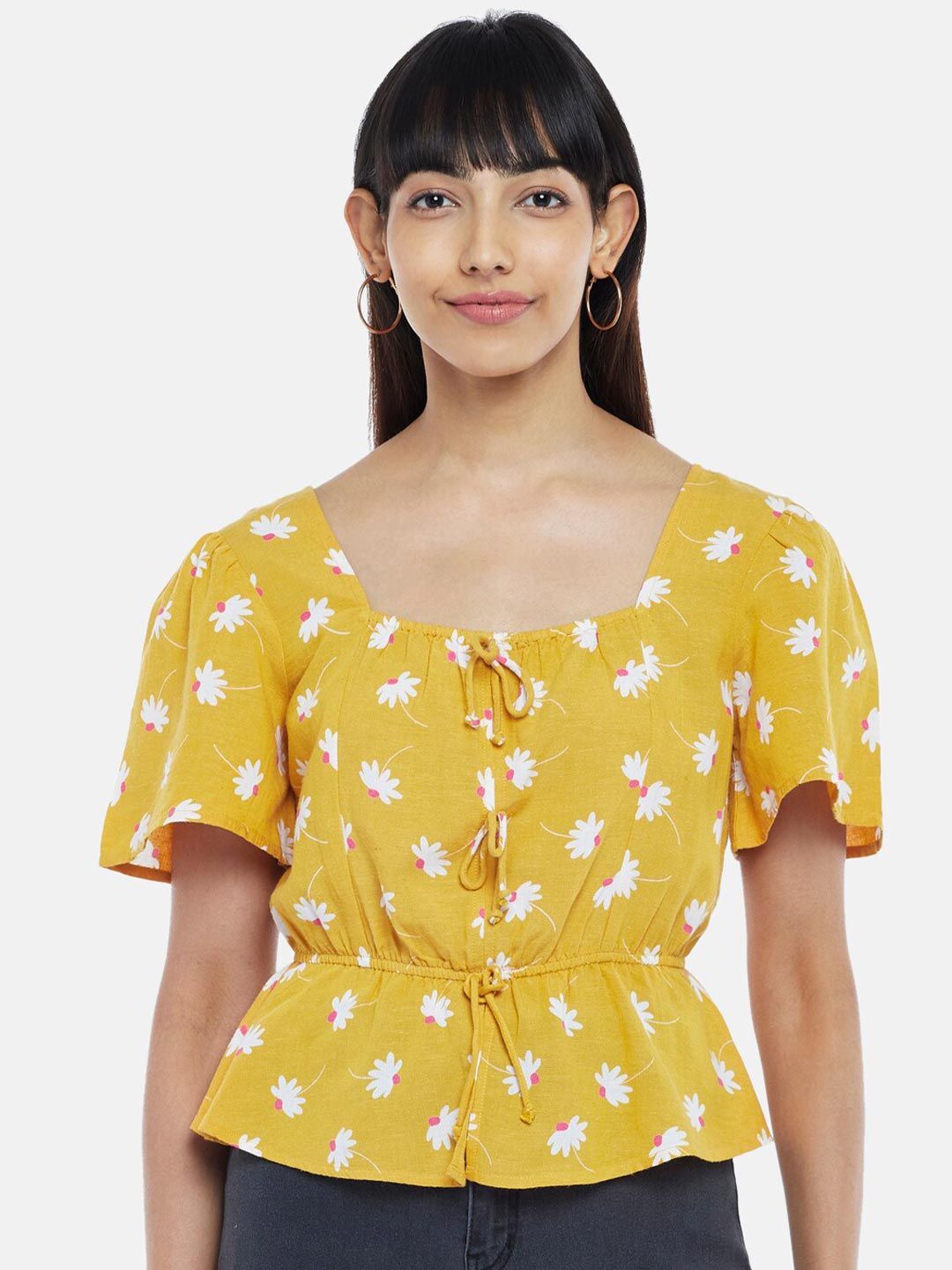 People Mustard Yellow Floral Print Cinched Waist Top Price in India