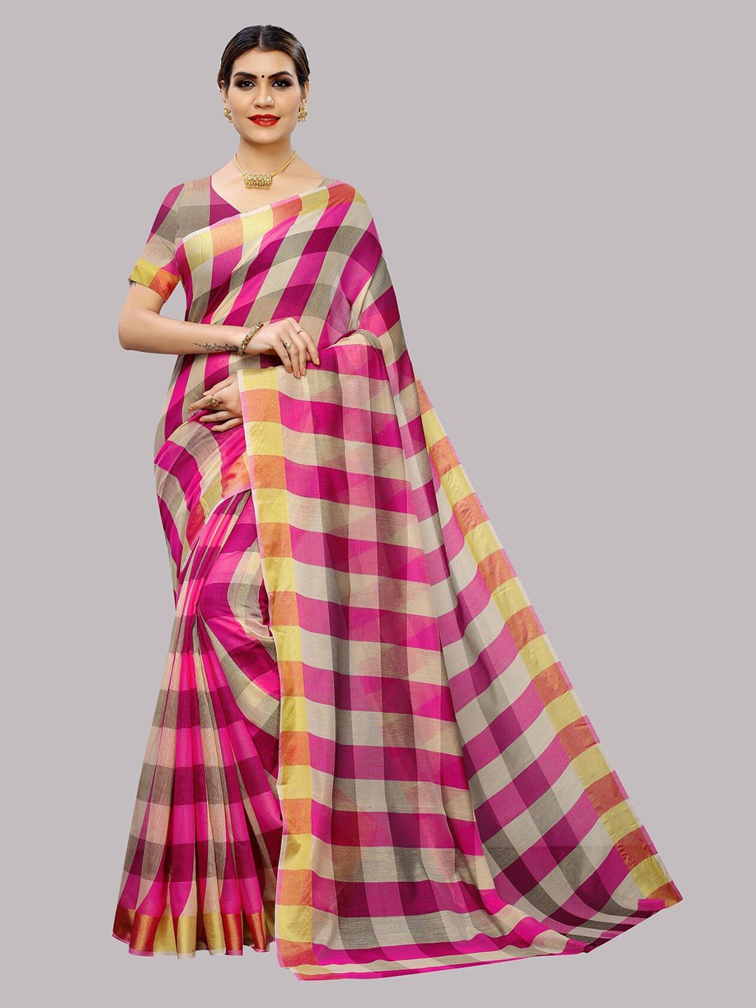 Fashionuma Pink & Yellow Checked Cotton Silk Saree Price in India