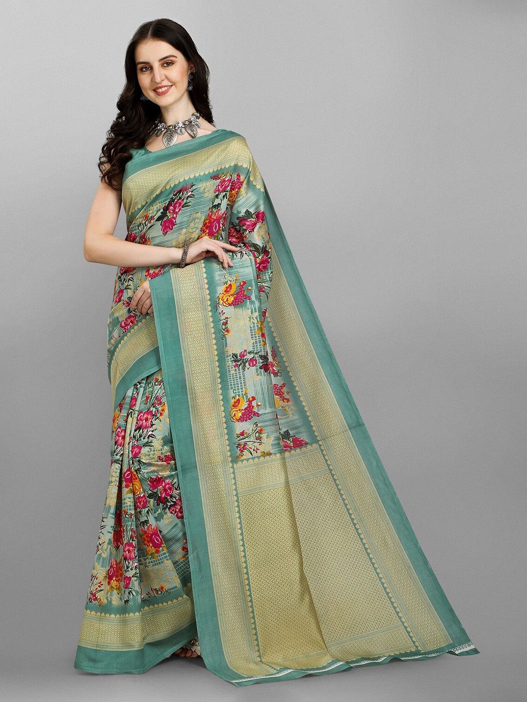 Fashionuma Blue & Red Floral Art Silk Saree Price in India