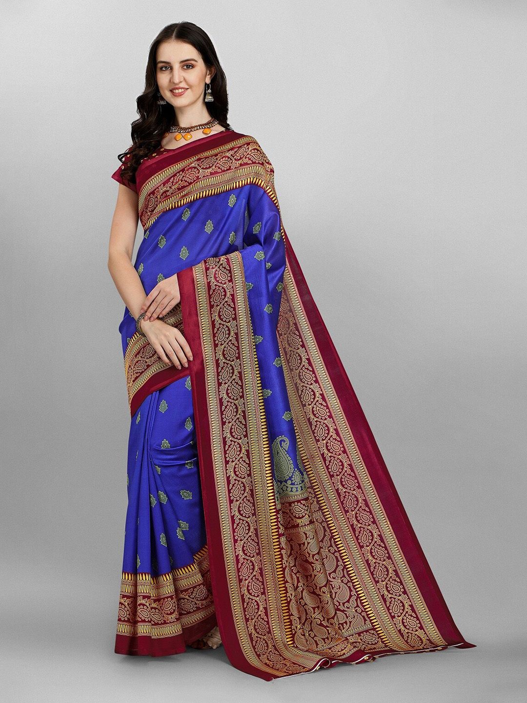 Fashionuma Blue & Maroon Floral Art Silk Saree Price in India