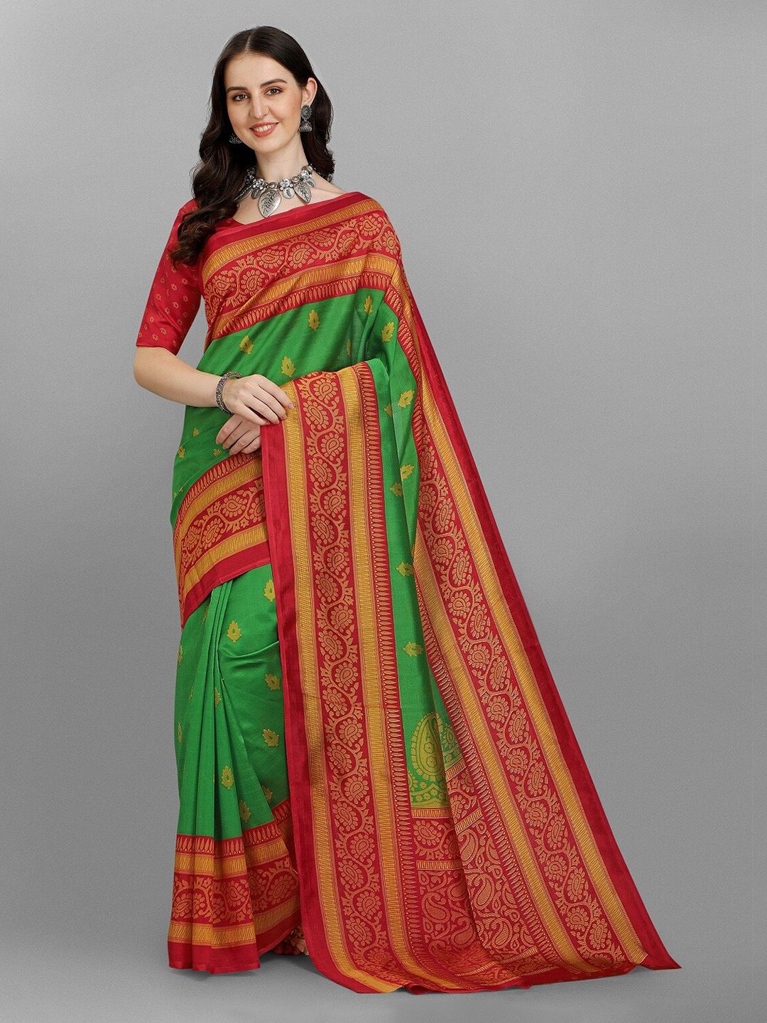 Fashionuma Green & Red Ethnic Motifs Pure Silk Saree Price in India