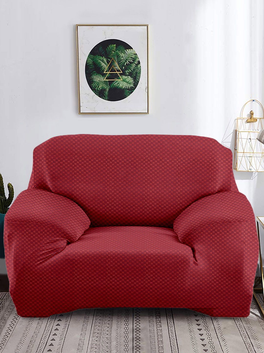 Cortina Maroon Jacquard 1 Seater Stretchable Non-Slip Sofa Cover Price in India