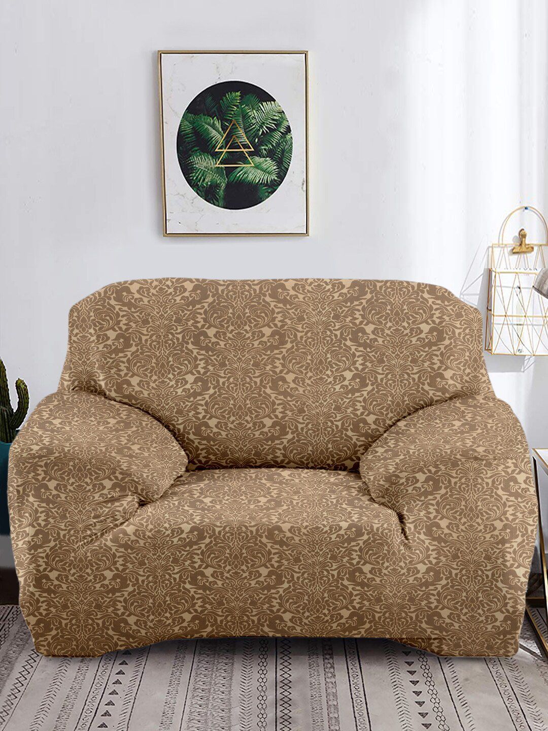 Cortina Beige Printed Jacquard One Seater Stretchable Non-Slip Sofa Cover Price in India