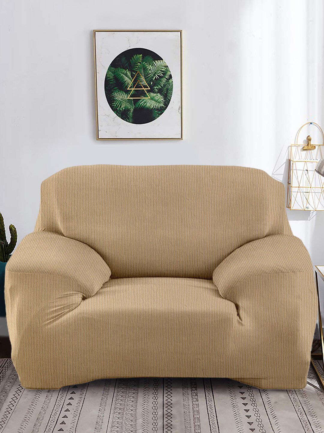 Cortina Beige Jacquard 1 Seater Stretchable Non-Slip Sofa Cover Price in India