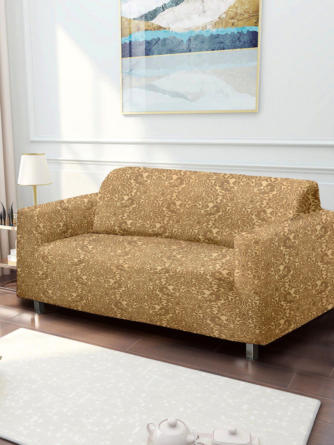 Cortina Cream-Colored Jacquard 2 Seater Stretchable Non-Slip Sofa Cover Price in India