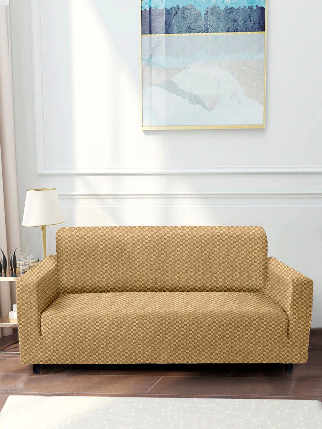 Cortina Cream Jacquard 2 Seater Stretchable Non-Slip Sofa Cover Price in India