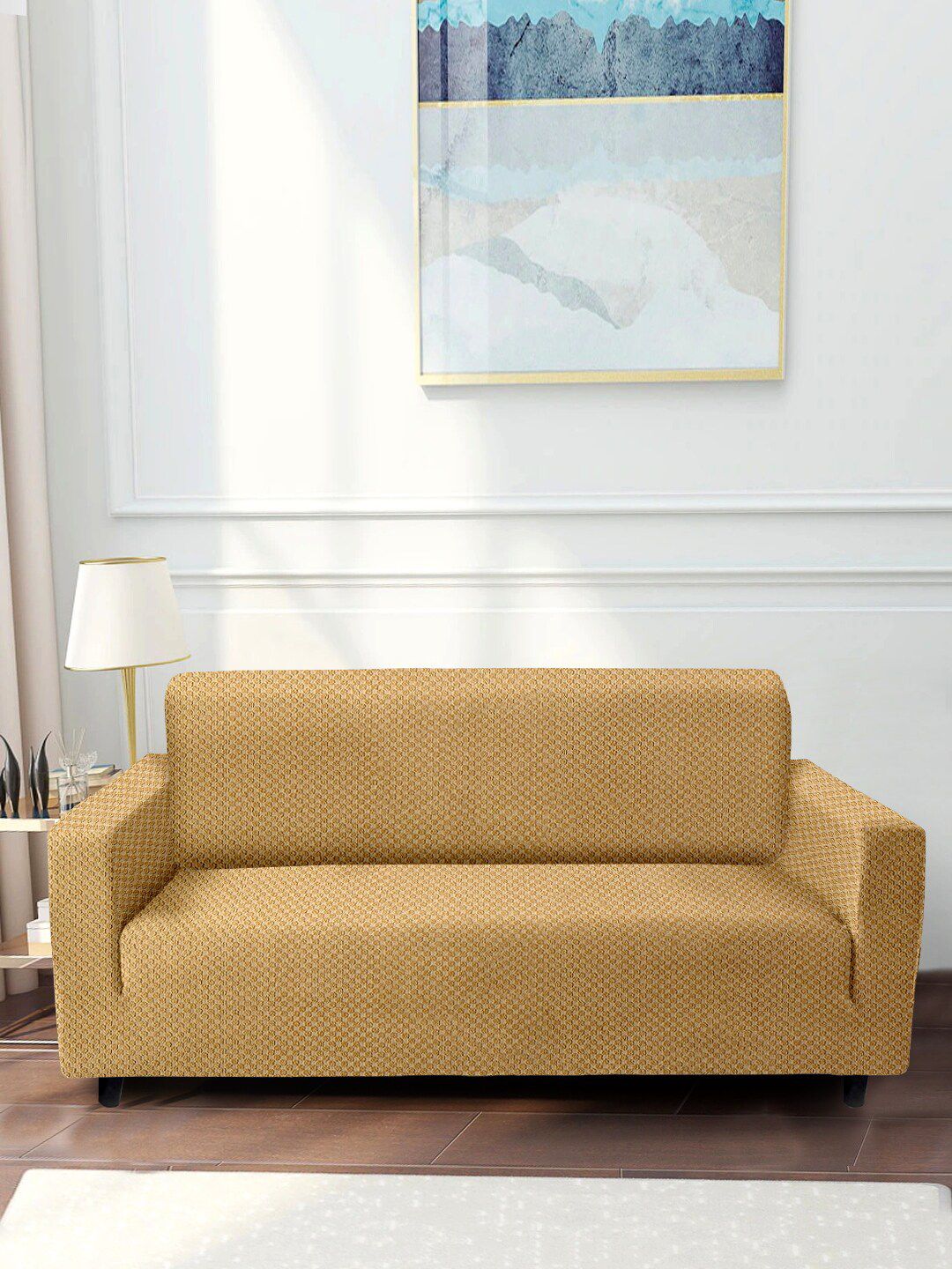 Cortina Adults Beige Jacquard 4 Seater Stretchable Non-Slip Sofa Cover Price in India