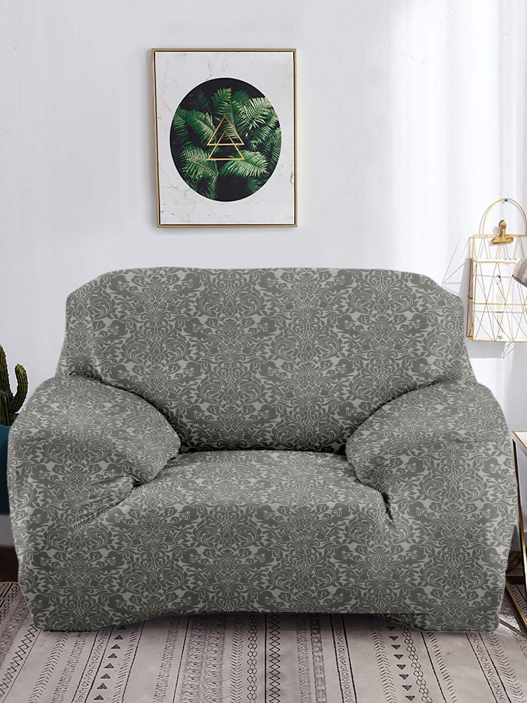 Cortina Grey Printed Jacquard One Seater Stretchable Non-Slip Sofa Cover Price in India
