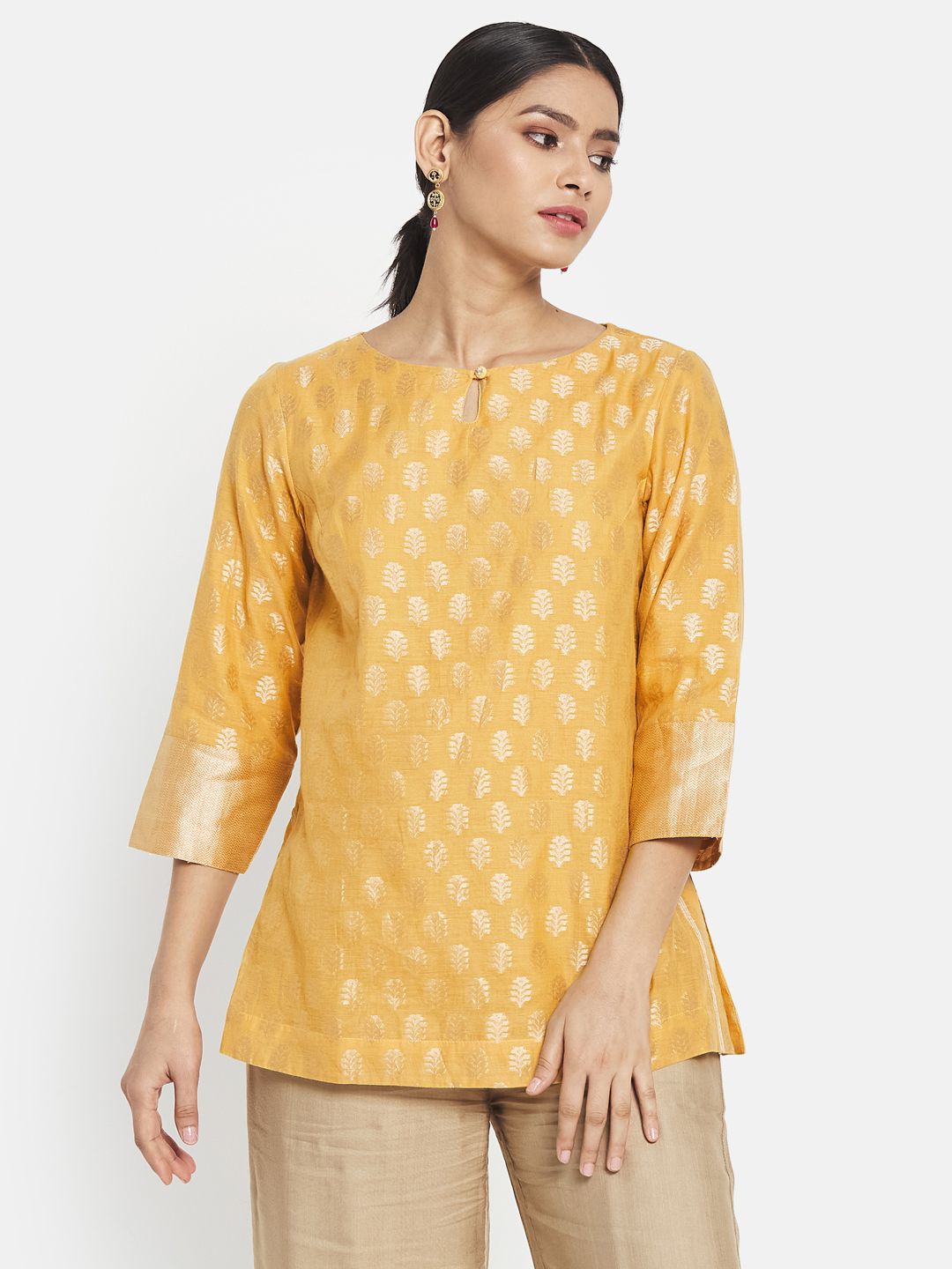Fabindia Yellow & Golden Ethnic Motifs Woven Design Kurti Price in India