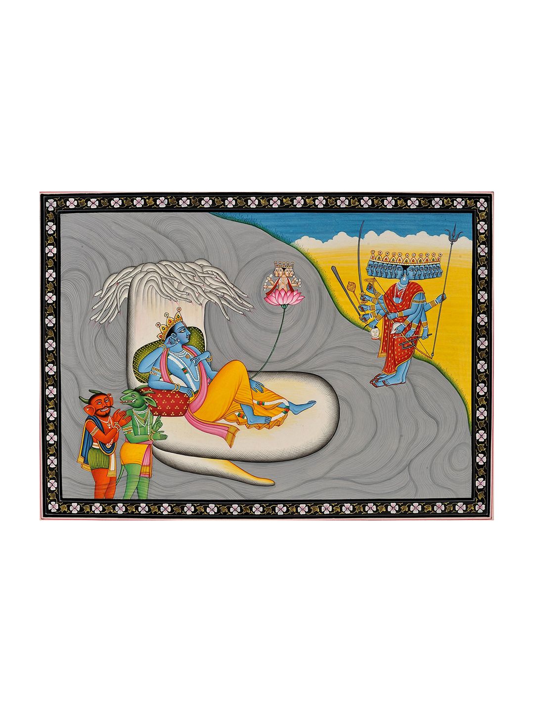 Exotic India Grey & Yellow Hand Painted Shesha-shayi Vishnu, Madhu-Kaitabha And Adishakti Wall Art Price in India