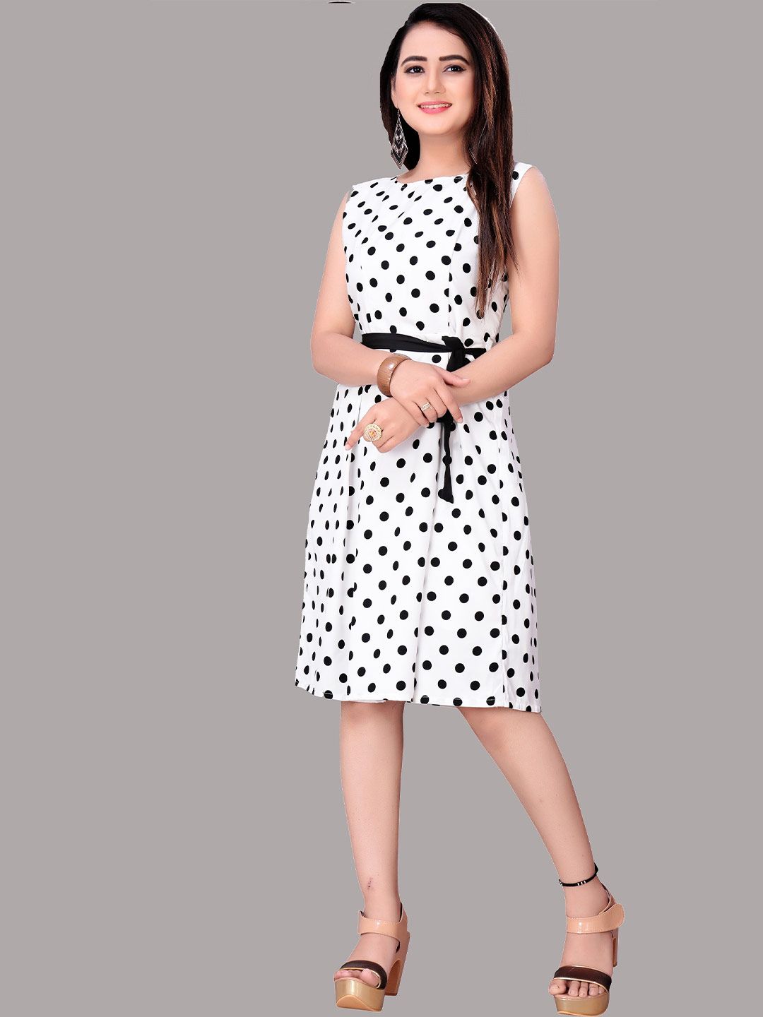 MODLI 20 FASHION White Crepe Polk Dots  Dress Price in India