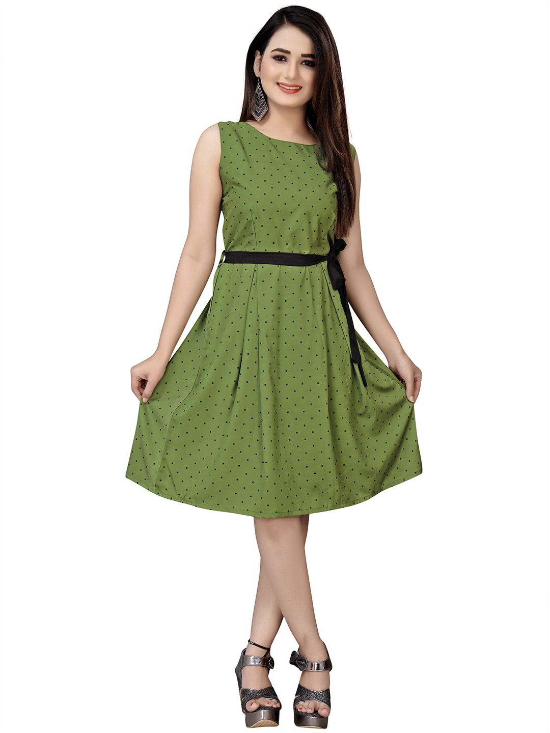 MODLI 20 FASHION Green Polk Dots Crepe Dress Price in India