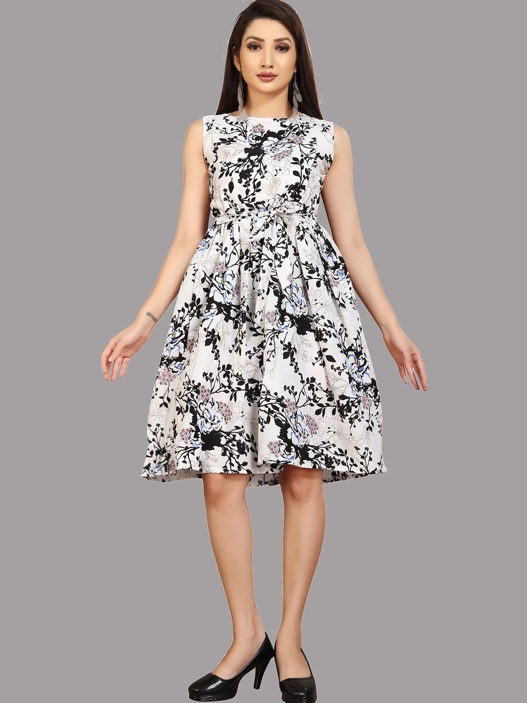 MODLI 20 FASHION White & Black Floral Printed Crepe Dress Price in India