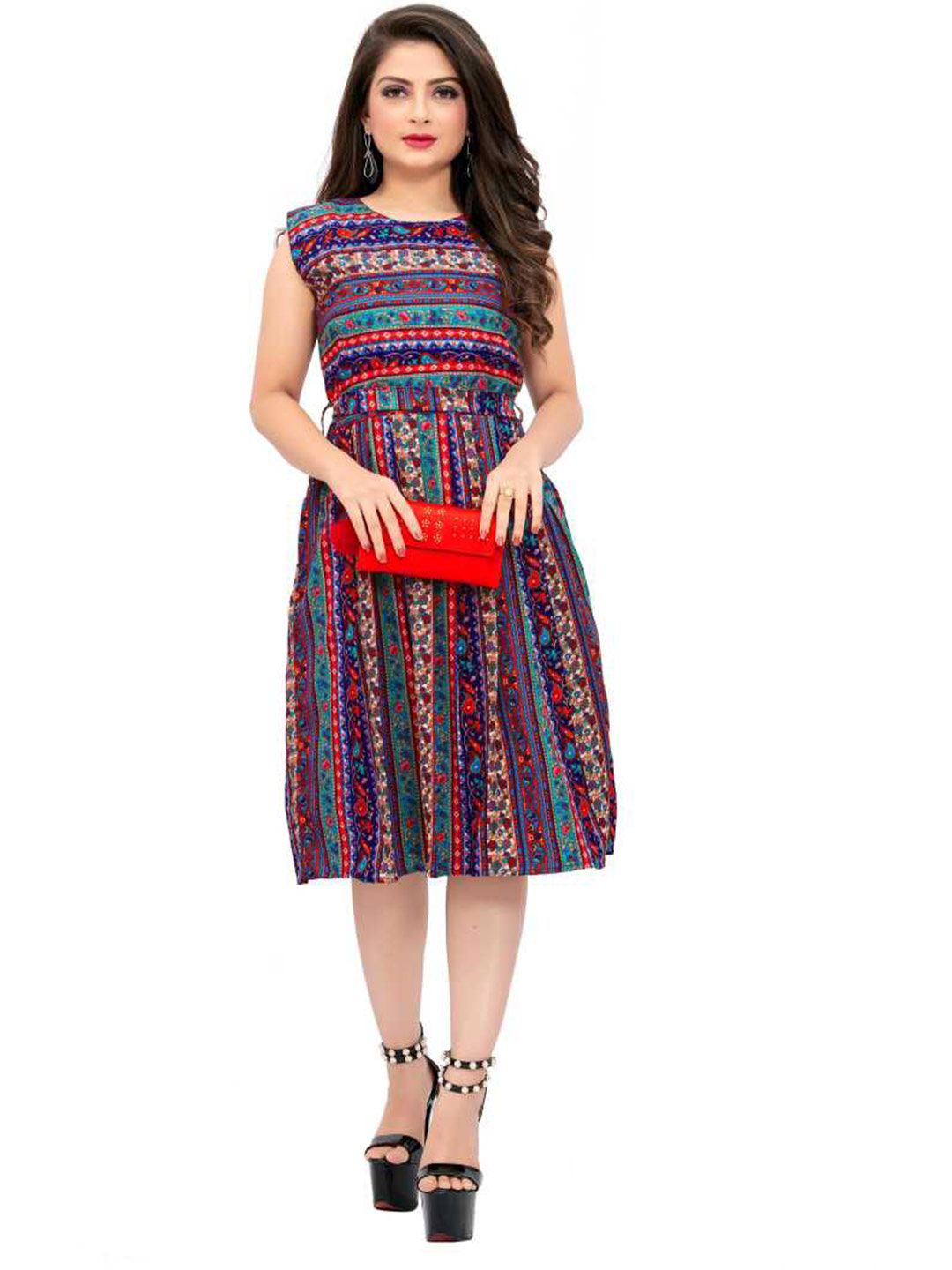 MODLI 20 FASHION Multicoloured Tribal Crepe Empire Midi Dress Price in India