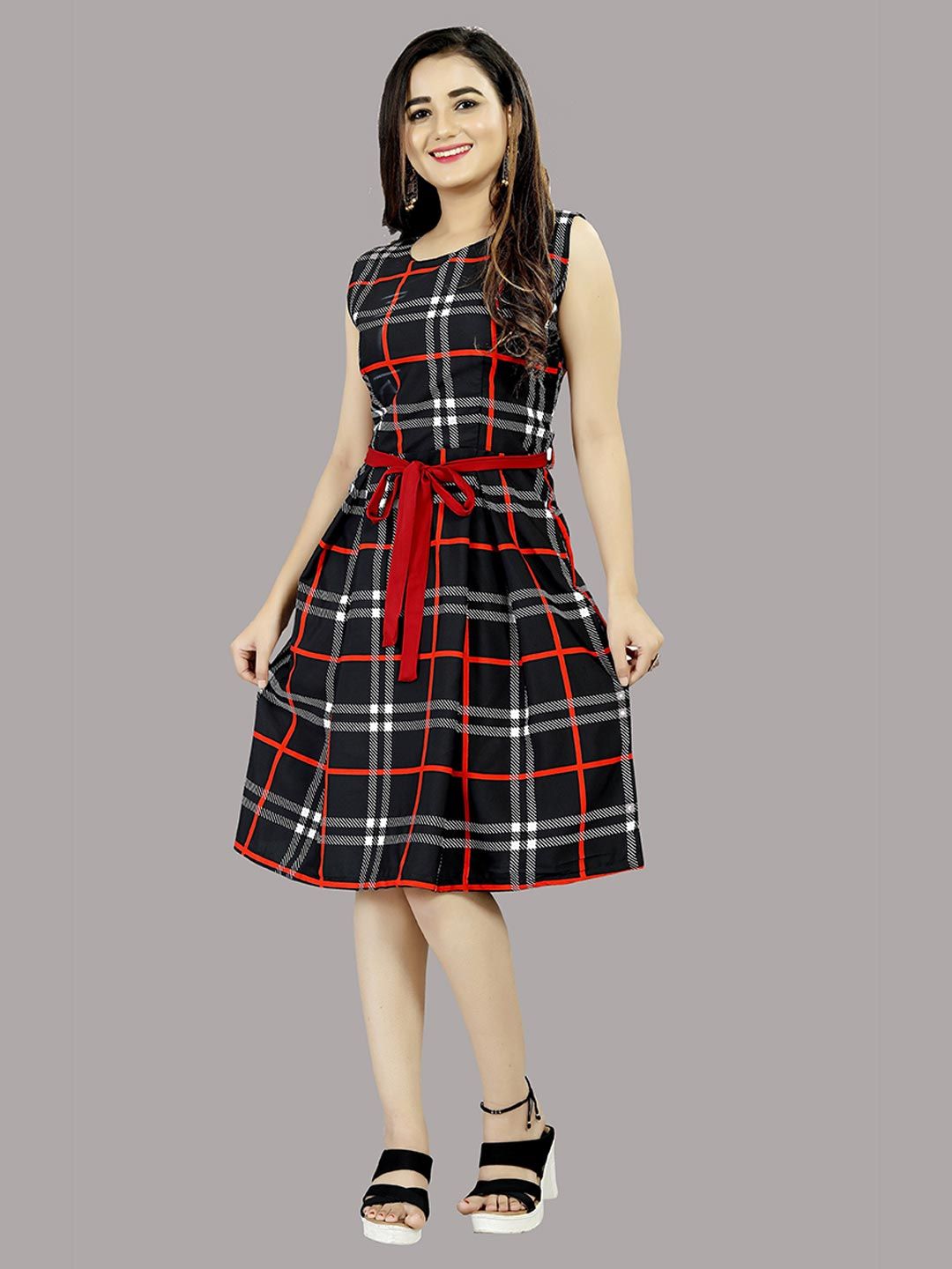 MODLI 20 FASHION Black & Red Checked Crepe Dress Price in India