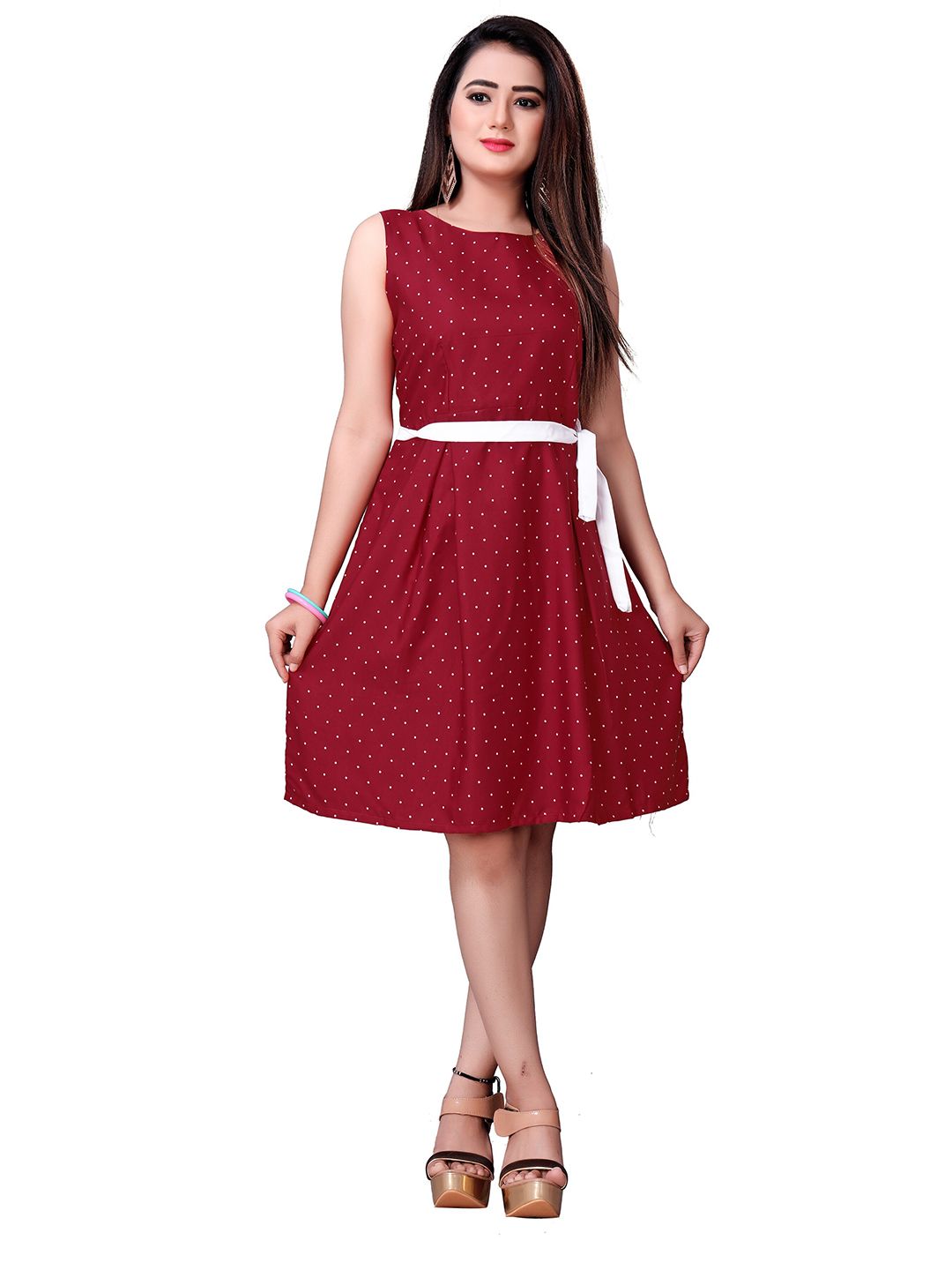 MODLI 20 FASHION Women Red & White Printed Crepe Dress Price in India
