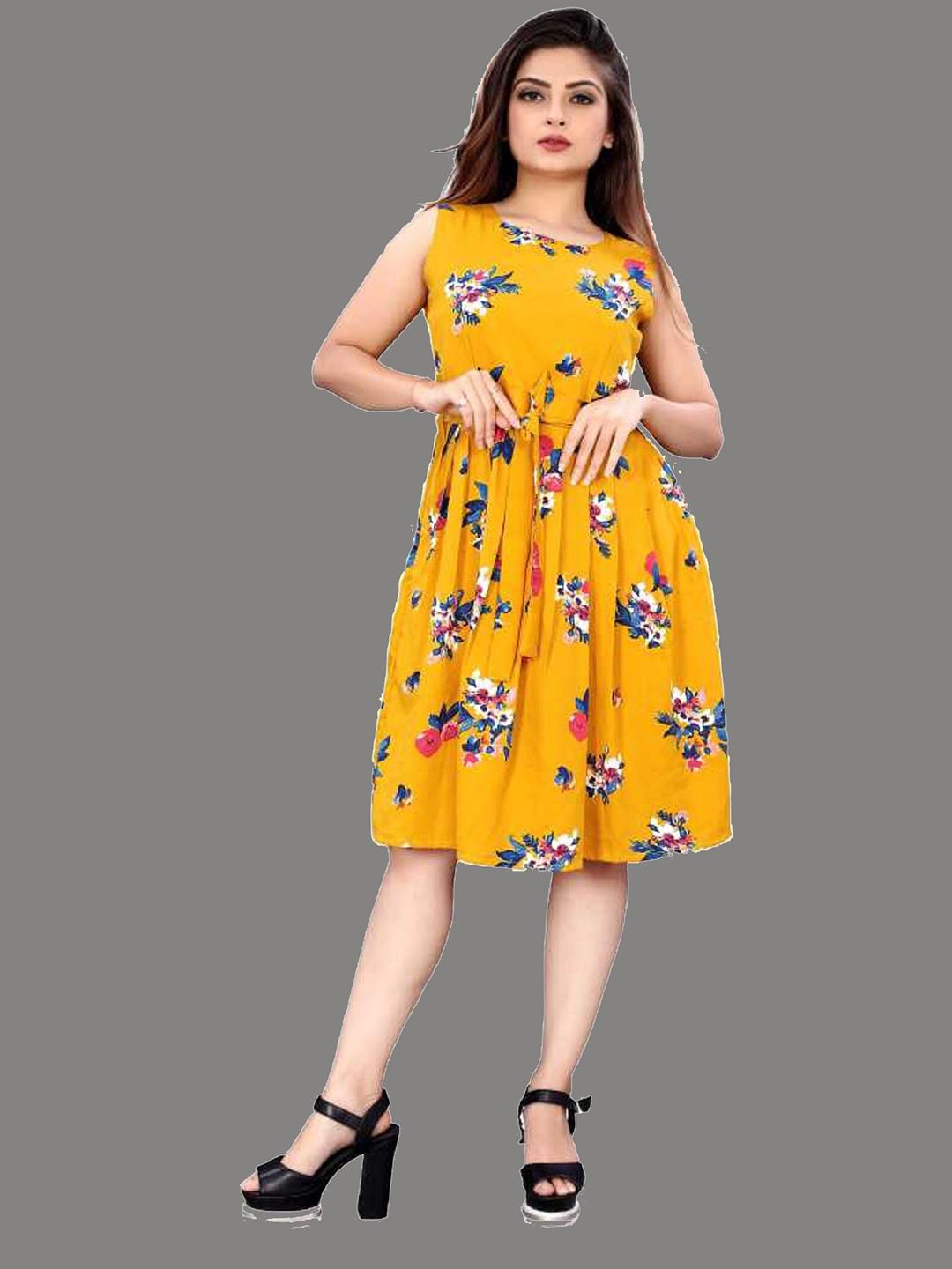 MODLI 20 FASHION Mustard Yellow Floral Crepe Empire Dress Price in India