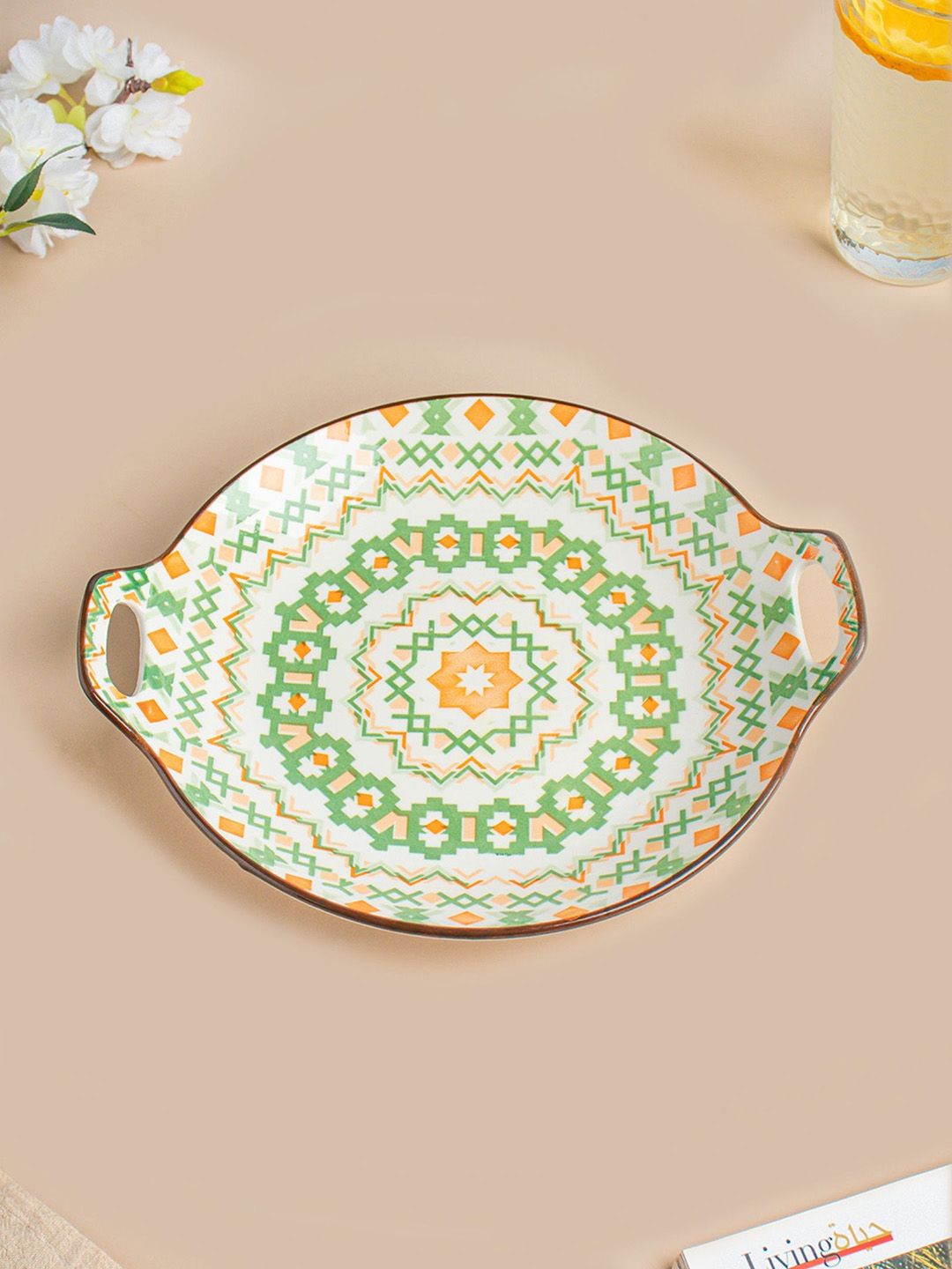 Nestasia Green Mandala Round Ceramic Platter With Handle Price in India