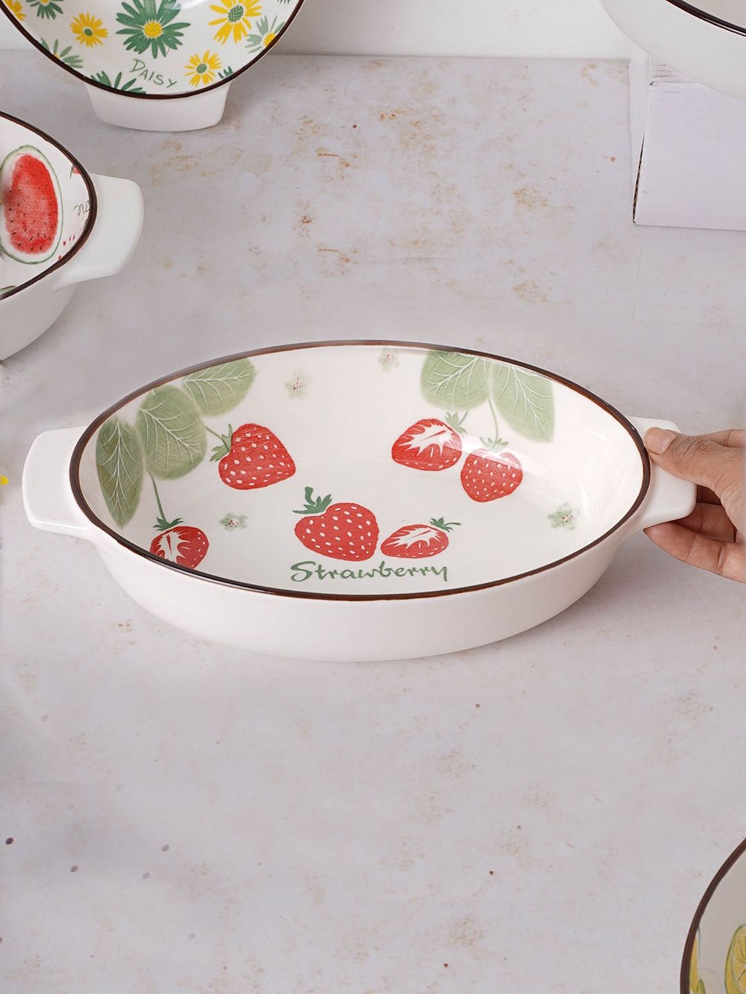 Nestasia White And Red Strawberry Printed Oval Porcelain Bakeware Price in India