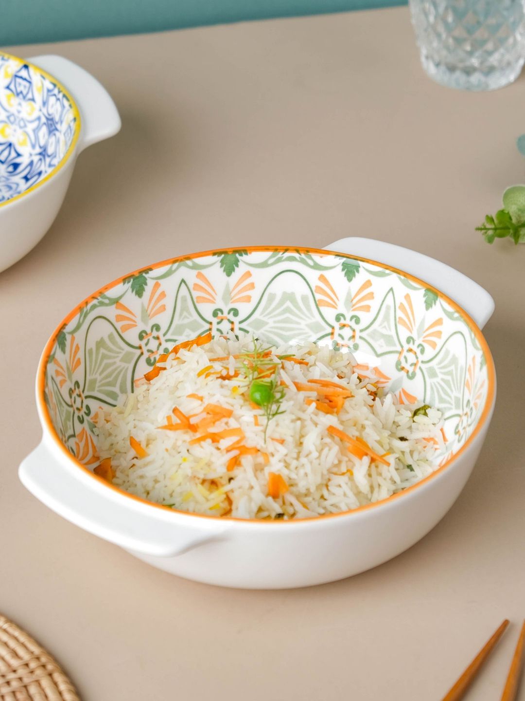 Nestasia White & Green Mandala Floral Ceramic Baking Bowl With Handle Price in India