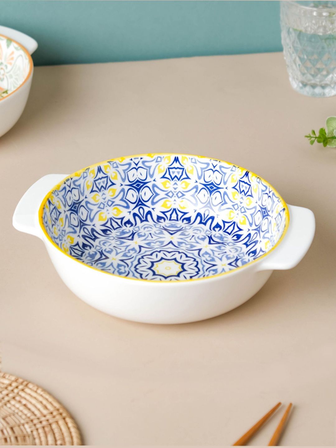 Nestasia White & Blue Mandala Printed Baking Dish With Handle Price in India