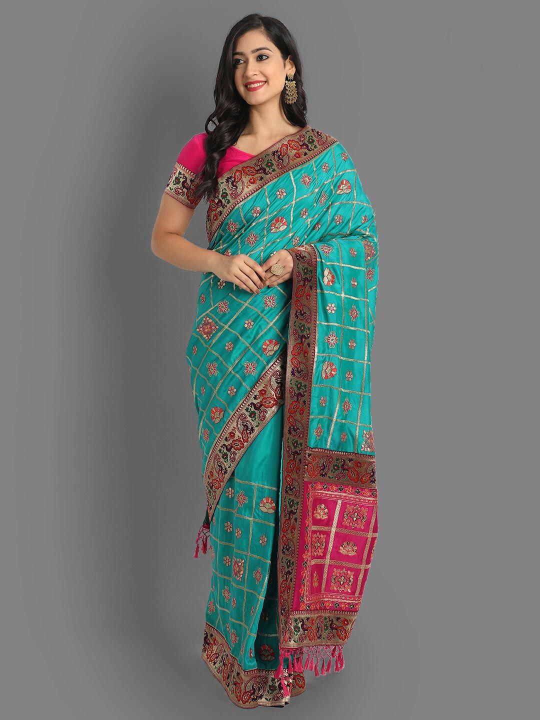ASPORA Women Blue & Pink Checked Embroidered Pure Silk Heavy Work Maheshwari Saree Price in India