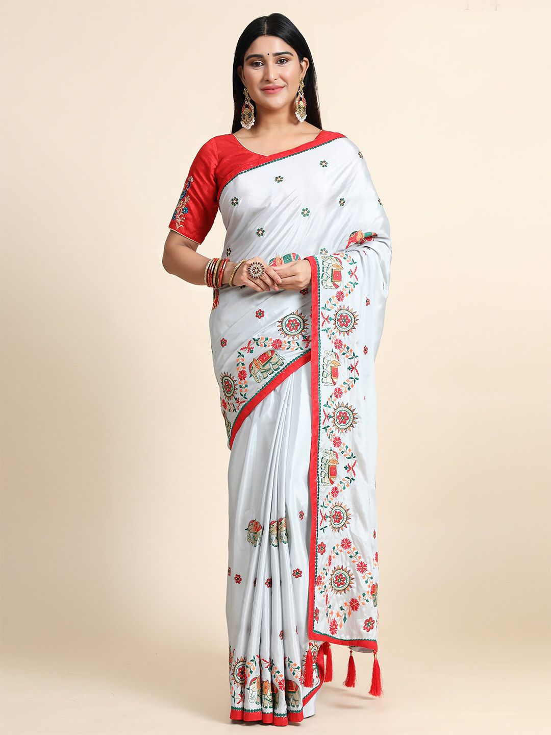 ASPORA Women Grey & Red Ethnic Motifs Pure Crepe Heavy Work Banarasi Saree Price in India