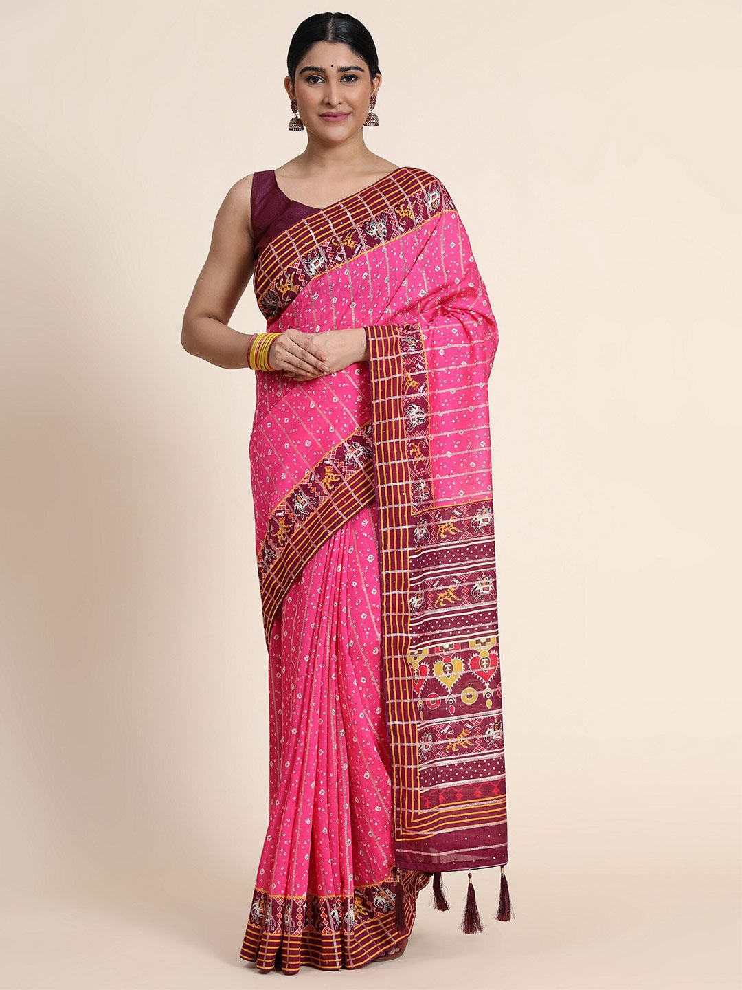 ASPORA Women Pink & White Warli Fusion Jamdani Saree Price in India