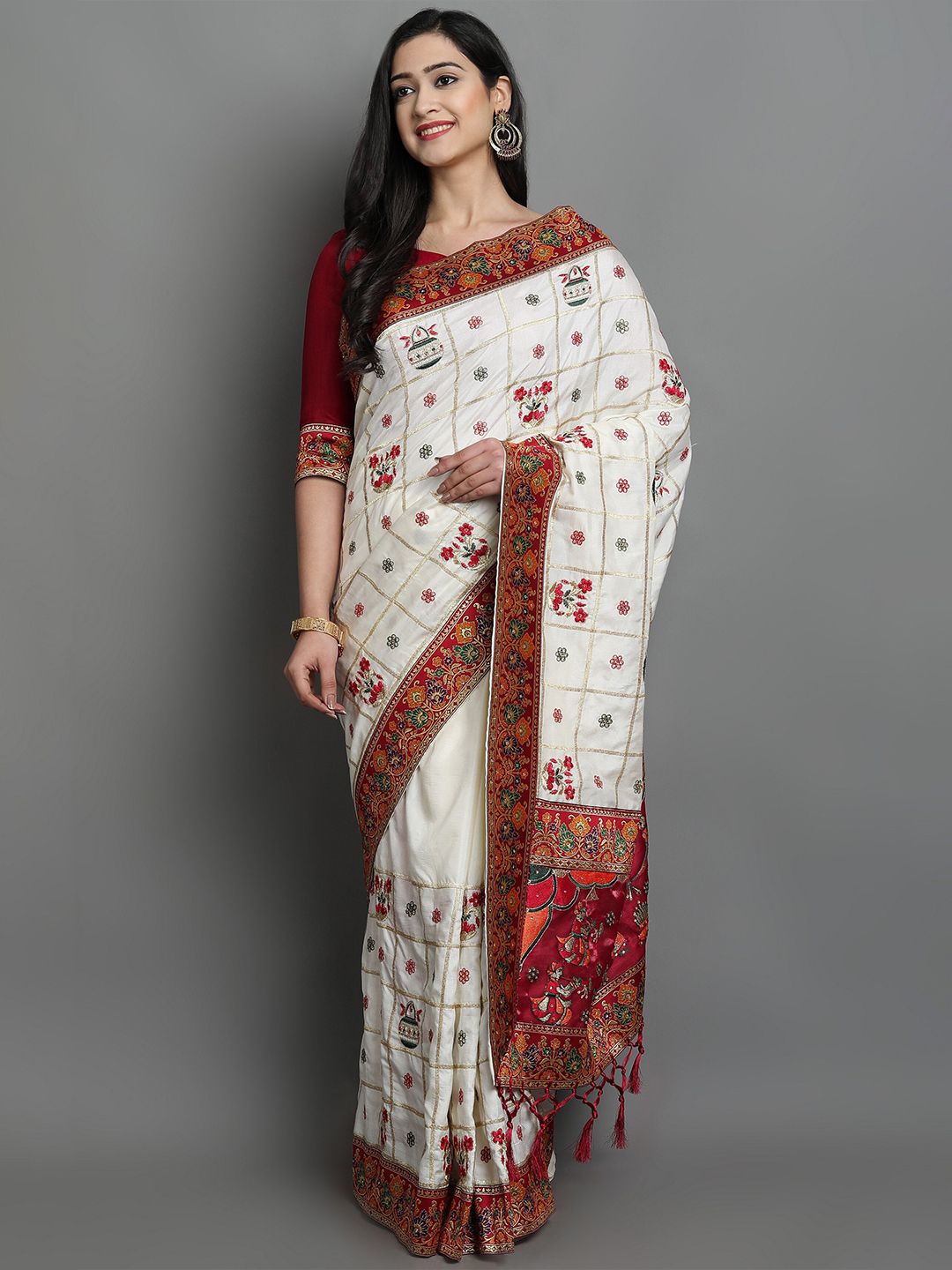 ASPORA Women White Ethnic Motifs Pure Silk Half and Half Kanjeevaram Saree with Tassels Price in India