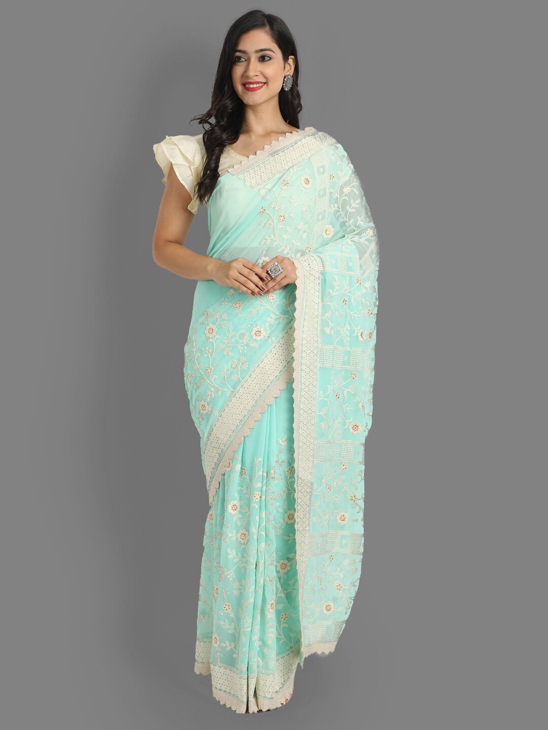 ASPORA Women Blue & Off White Lucknowi Embroidered Pure Georgette Heavy Work Gadwal Saree Price in India
