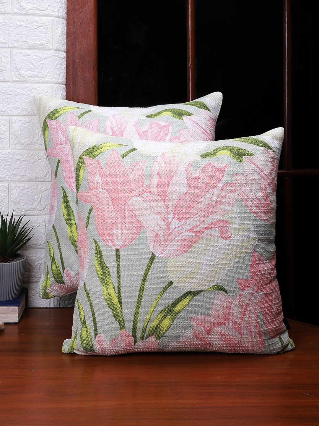 Soumya Pink & Grey Set of 2 Floral Square Cushion Covers Price in India