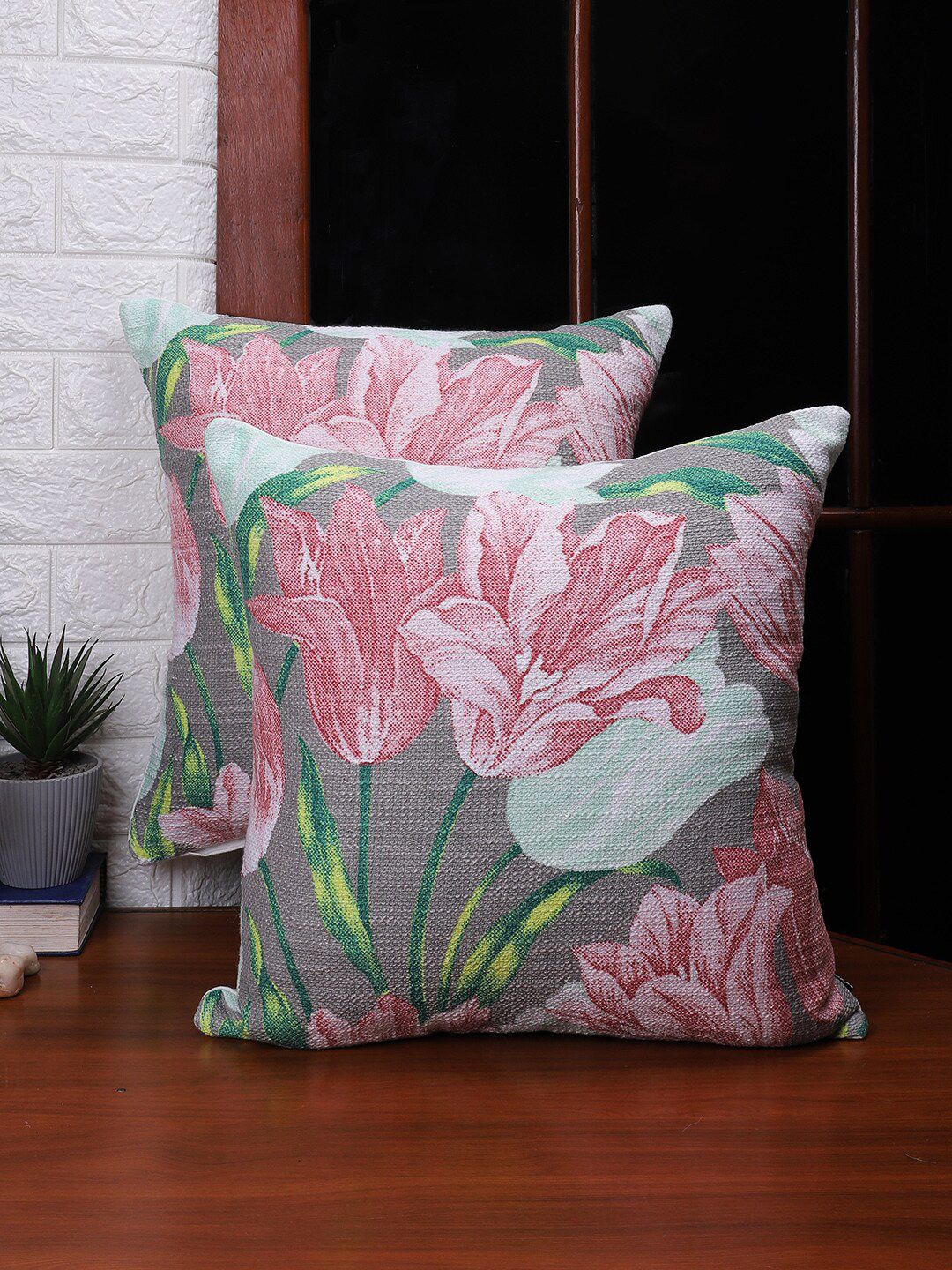 Soumya Taupe & Pink Set of 2 Floral Square Cushion Covers Price in India