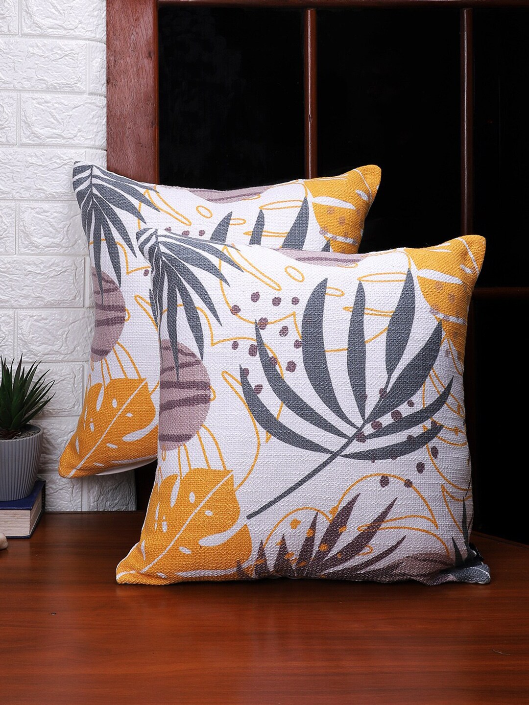 Soumya Yellow & White Set of 2 Floral Square Cushion Covers Price in India