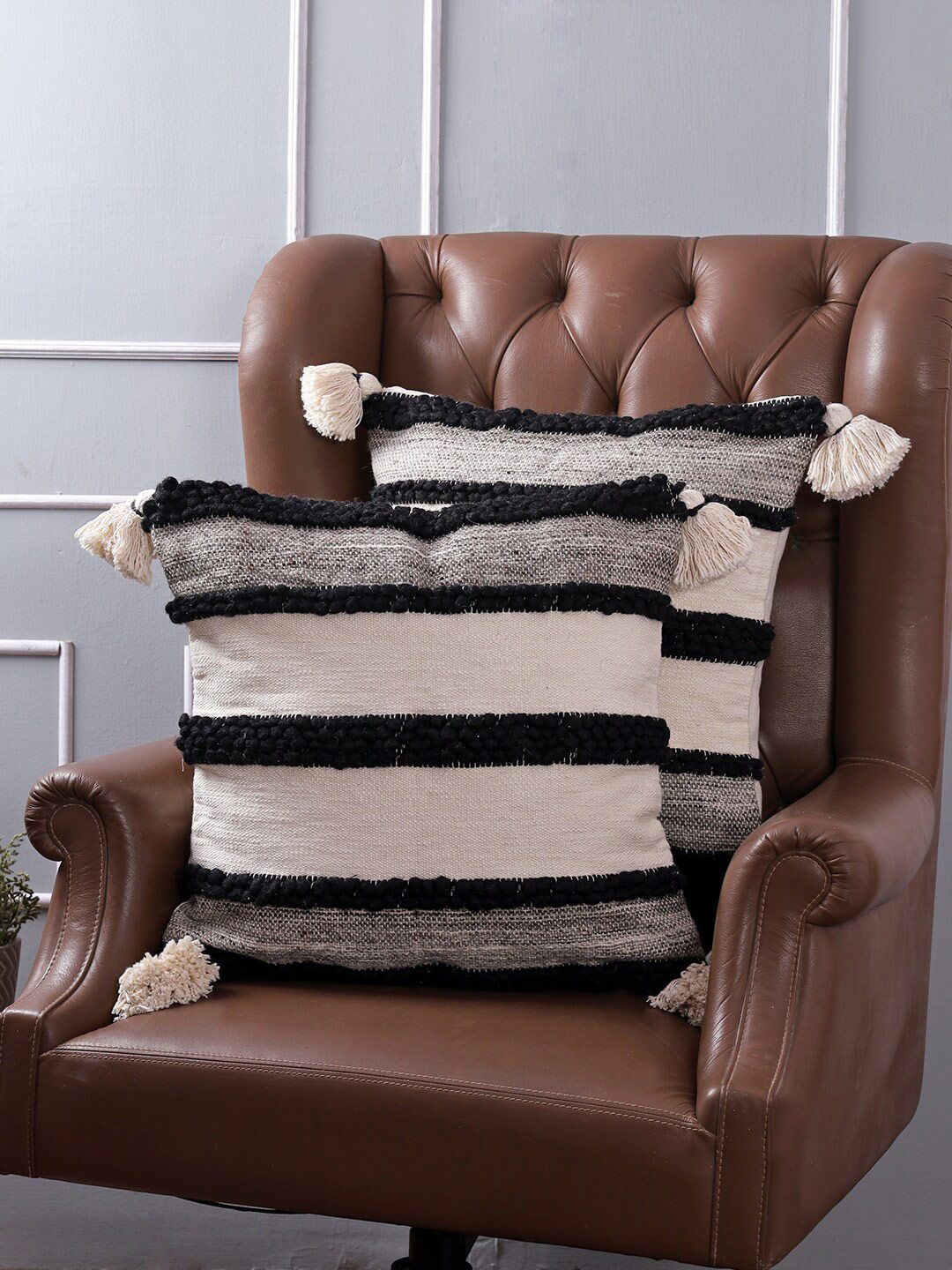 KRAVIKA Black & Beige Set of 2 Striped Square Cushion Covers Price in India