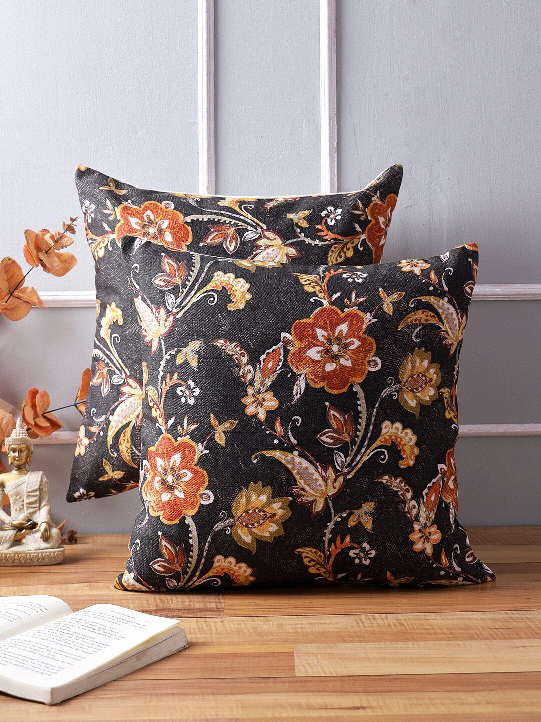 KRAVIKA Black & Brown Set of 2 Floral Square Cushion Covers Price in India
