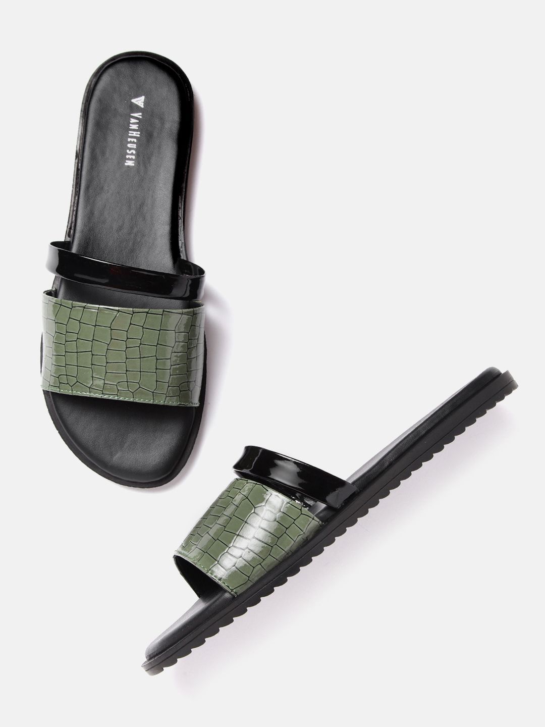 Van Heusen Woman Green & Black Croc Textured Open Toe Flats Price in India