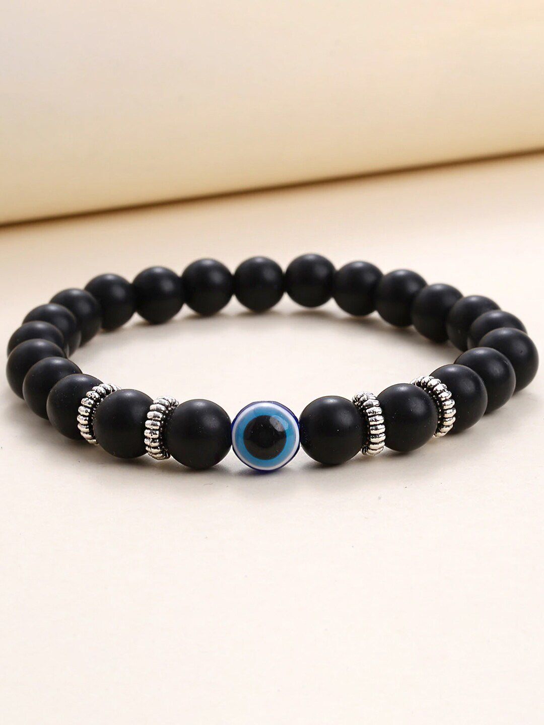Men Stretchable Bracelet Yellow Chimes Men Black Beaded With Evil Eye Stone Stretchable Bracelet