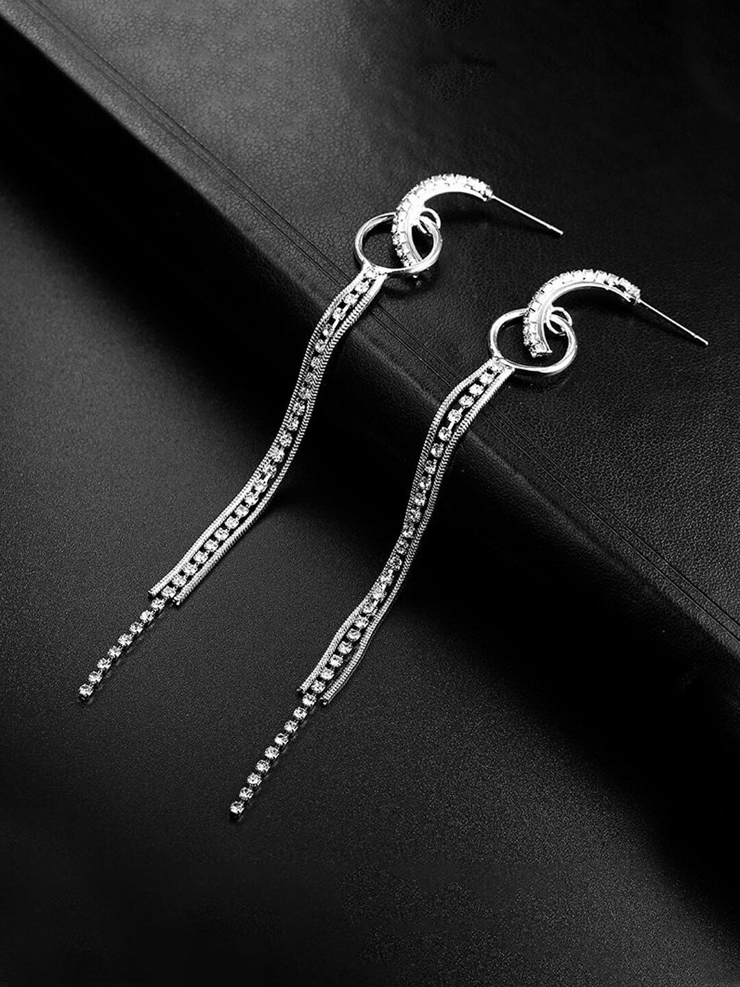 Yellow Chimes Yellow Chimes Silver Tone Sparkling Crystal Studded Long Chain Dangler Earrings