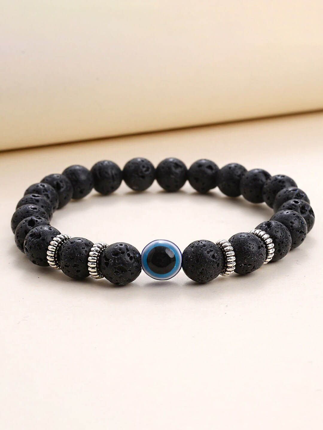 Yellow Chimes Men Black Beaded With Evil Eye Stone Stretchable Bracelet